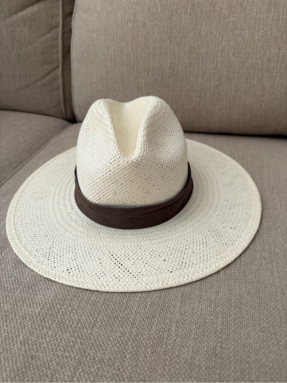Janessa Leone White Straw Fedora with Brown Band